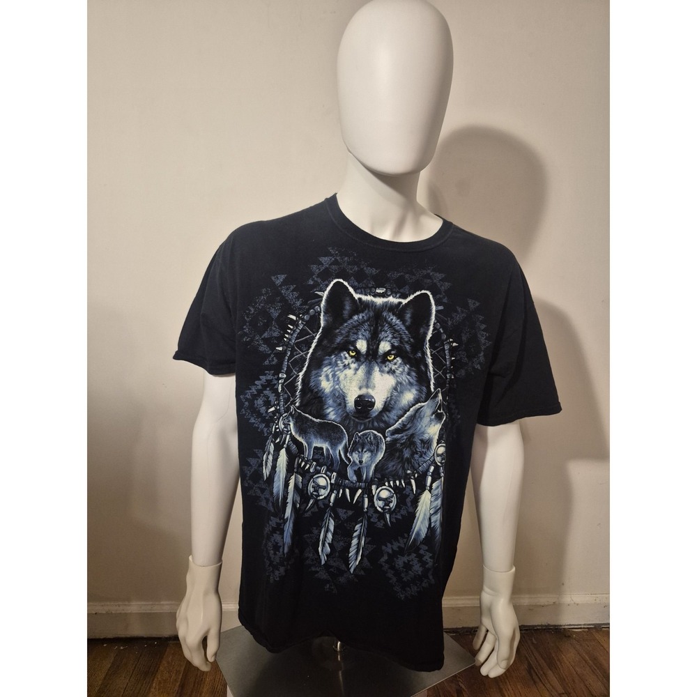 Fruit of the Loom Mens XL Wolf Dreamcatcher Graphic T Shirt HD Cotton Black